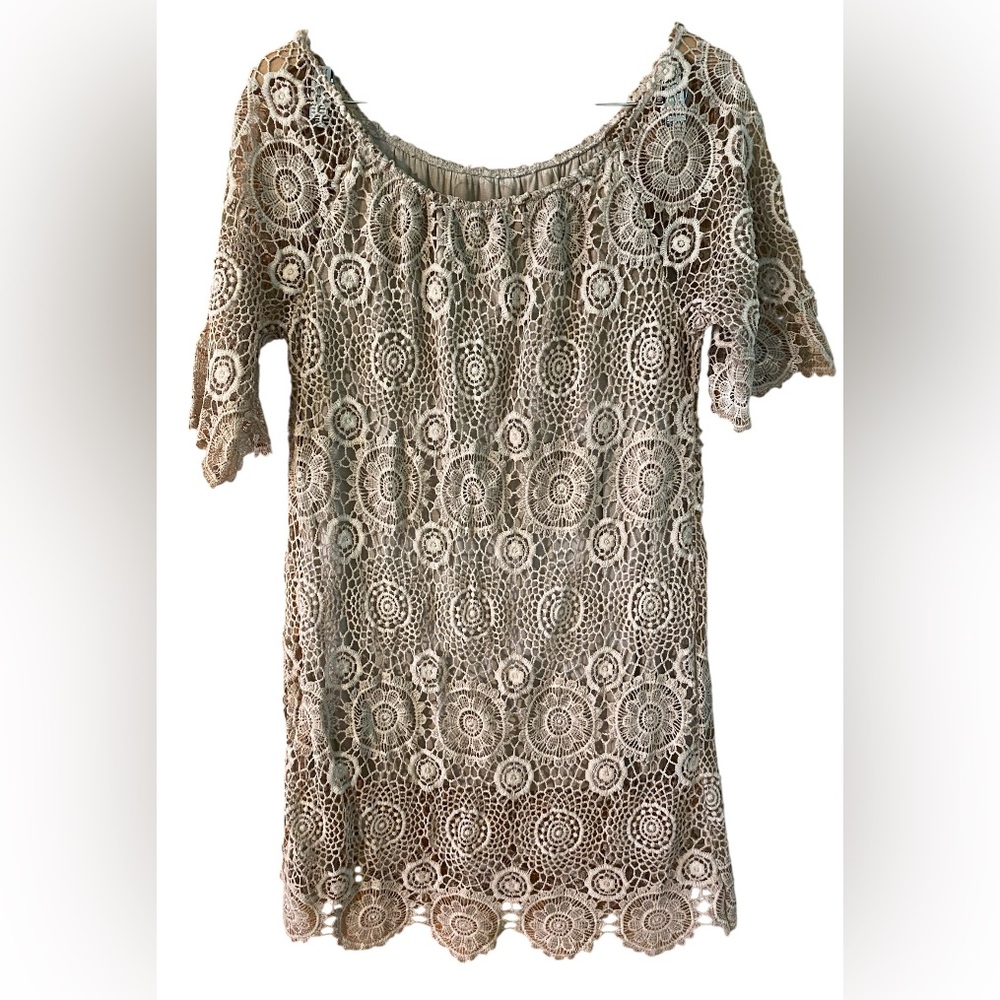 Dress Macrame Lace Overlay 1/2 Sleeve Women Tan Size Medium -see Measurements